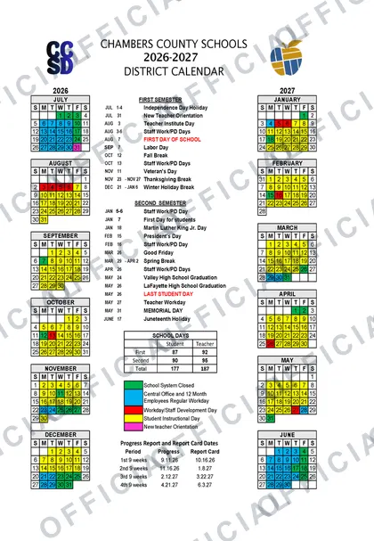 Chambers County Schools 2026-27 calendar