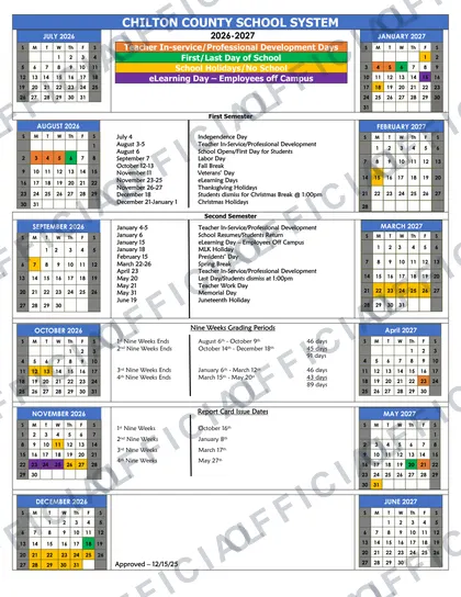 Chilton County School System 2026-27 calendar