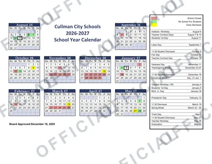 Cullman City Schools 2026-27 calendar