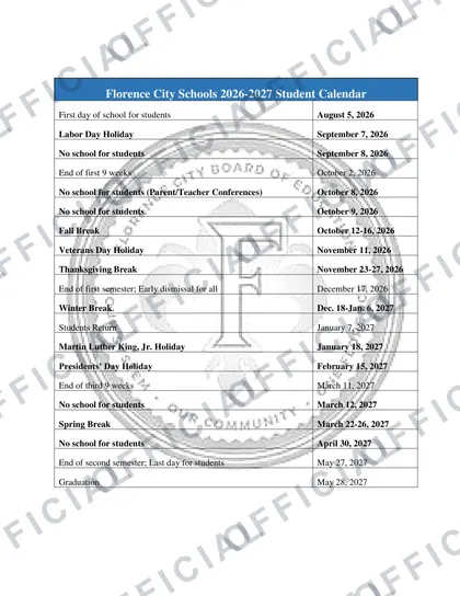 Florence City Schools 2026-27 calendar