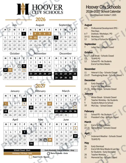 Hoover City Schools 2026-27 calendar