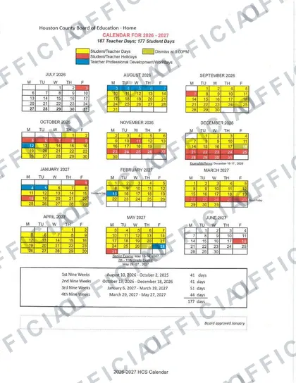 Houston County Board of Education 2026-27 calendar