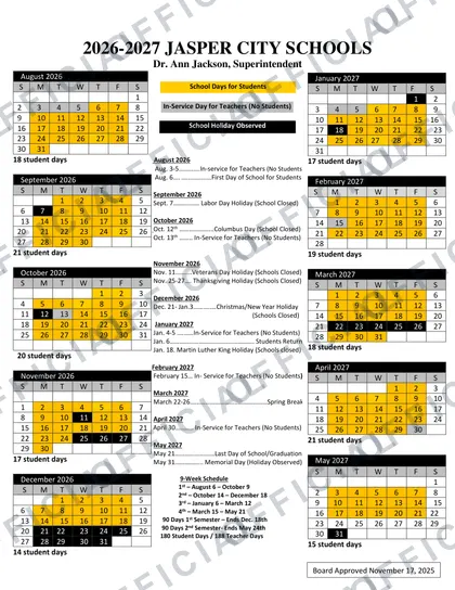 Jasper City Schools 2026-27 calendar