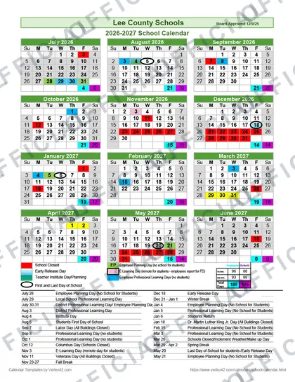 Lee County Schools 2026-27 calendar