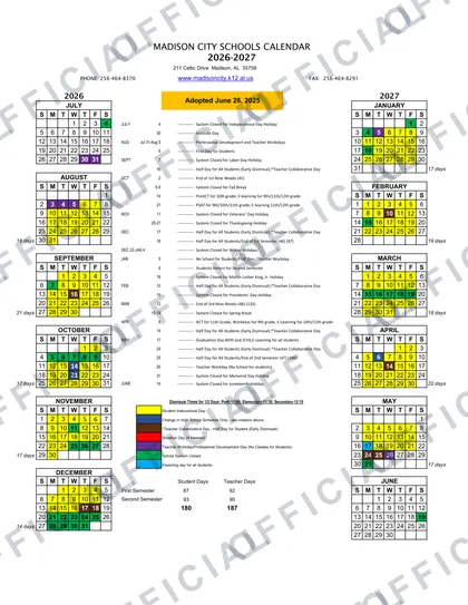Madison City Schools 2026-27 calendar