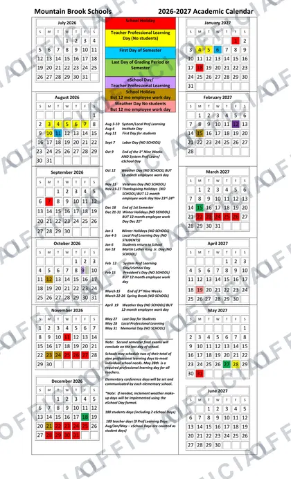Mountain Brook Schools 2026-27 calendar