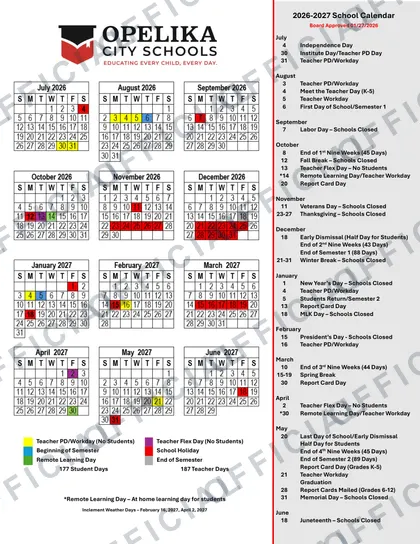 Opelika City Schools 2026-27 calendar