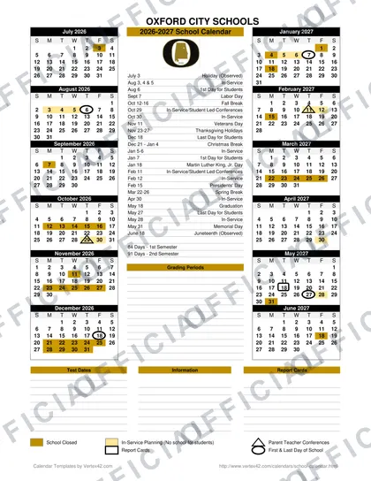 Oxford City Schools 2026-27 calendar