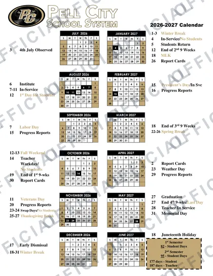 Pell City School System 2026-27 calendar
