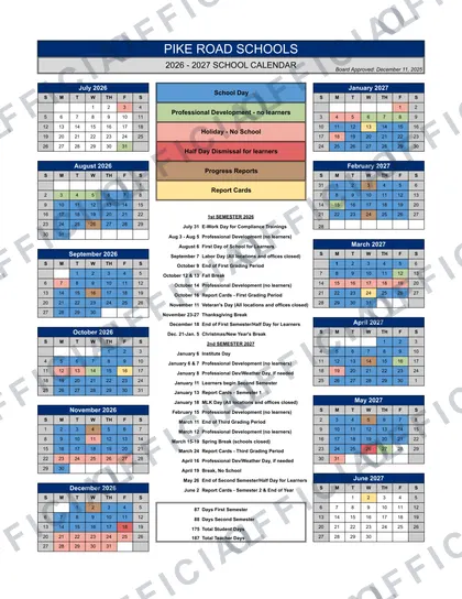Pike Road Schools 2026-27 calendar
