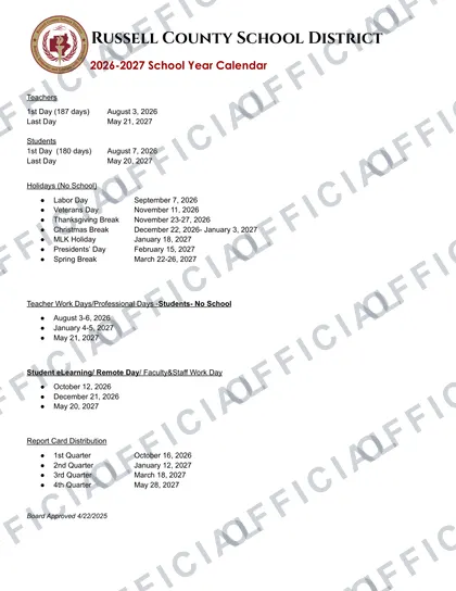 Russell County School District 2026-27 calendar