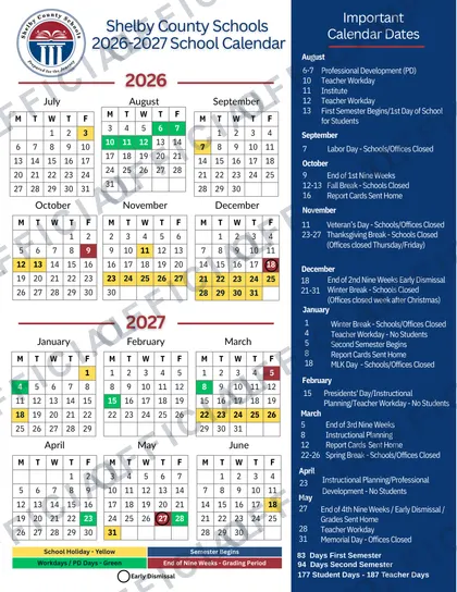 Shelby County Schools 2026-27 calendar