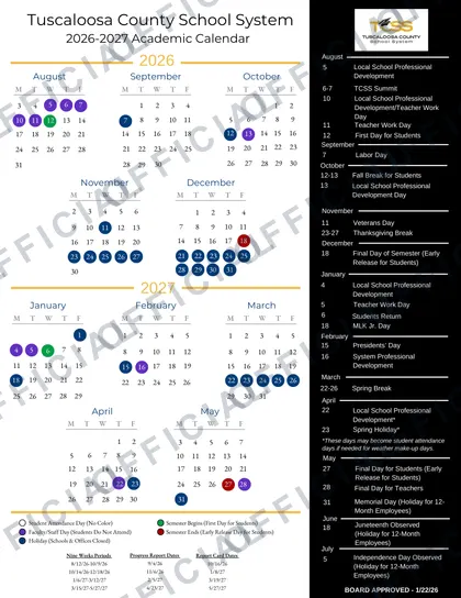 Tuscaloosa County School System 2026-27 calendar