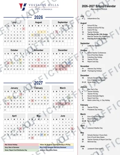 Vestavia Hills City Schools 2026-27 calendar