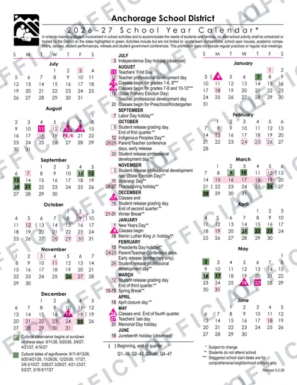 Anchorage School District 2026-27 calendar