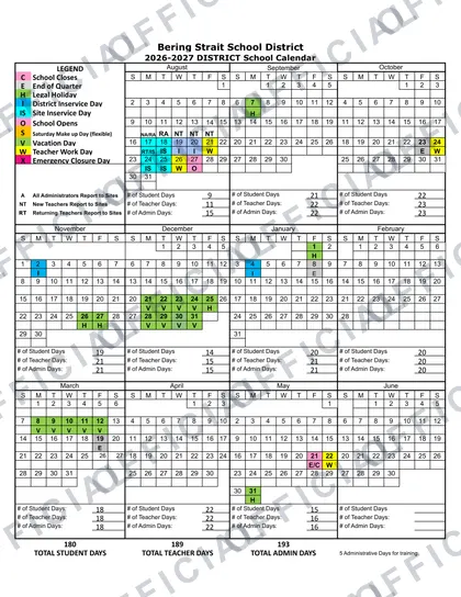 Bering Strait School District 2026-27 calendar
