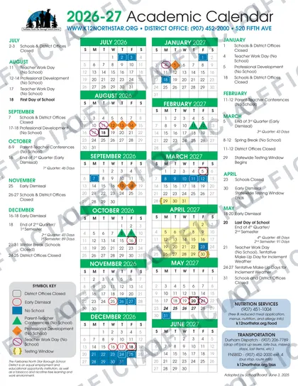Fairbanks North Star Borough School District 2026-27 calendar