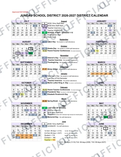 Juneau School District 2026-27 calendar