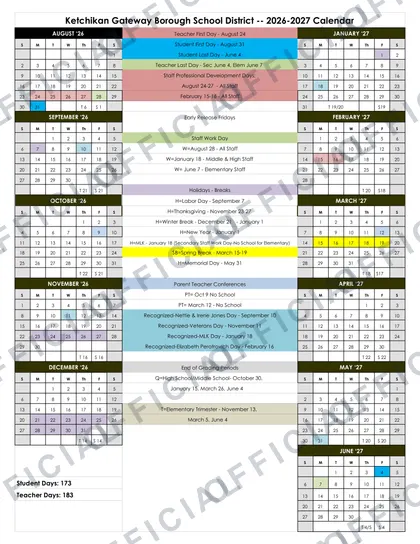 Ketchikan Gateway Borough School District 2026-27 calendar