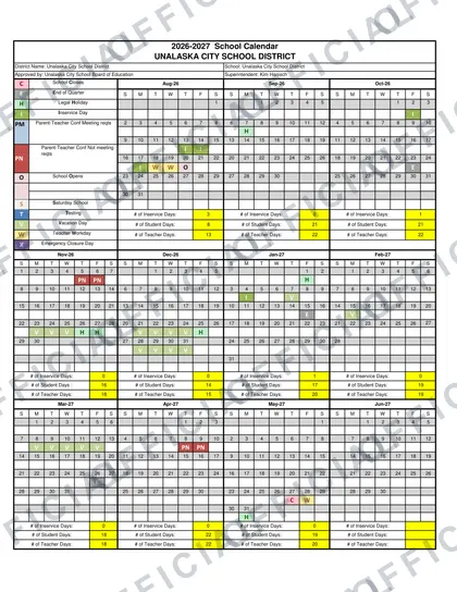 Unalaska City School District 2026-27 calendar