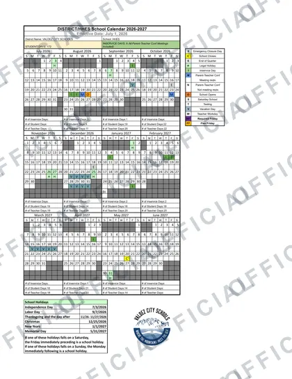 Valdez City Schools HHES 2026-27 calendar