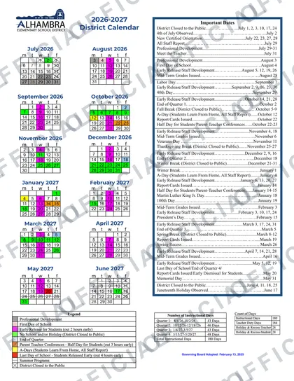 Alhambra Elementary School District 2026-27 calendar