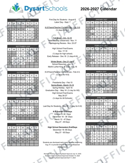 Dysart Schools 2026-27 calendar