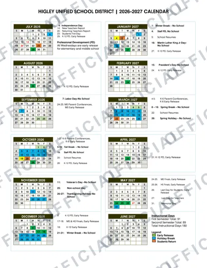 Higley Unified School District 2026-27 calendar