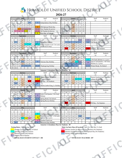 Humboldt Unified School District 2026-27 calendar