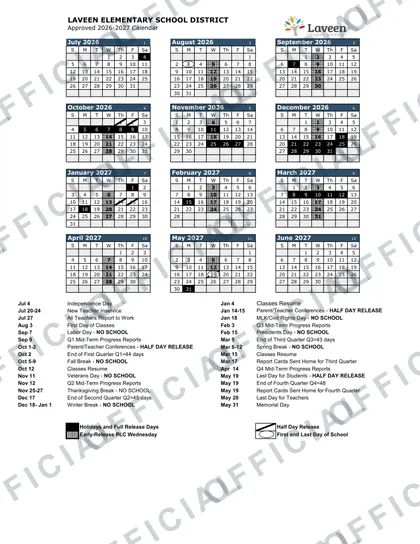 Laveen Elementary School District 2026-27 calendar