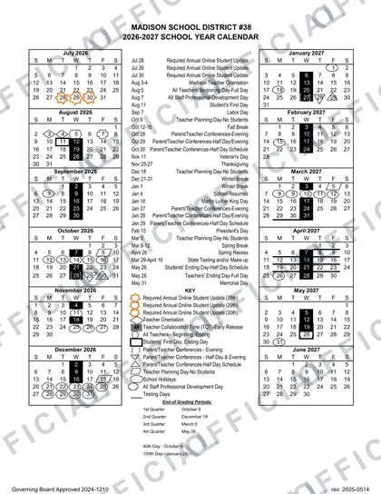 Madison School District #38 2026-27 calendar