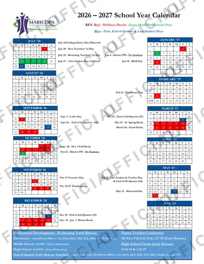Maricopa Unified School District Cale 2026-27 calendar