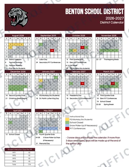 Benton School District 2026-27 calendar