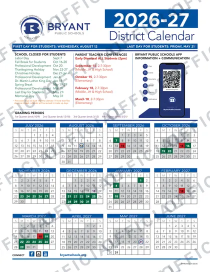 Bryant Public Schools 2026-27 calendar