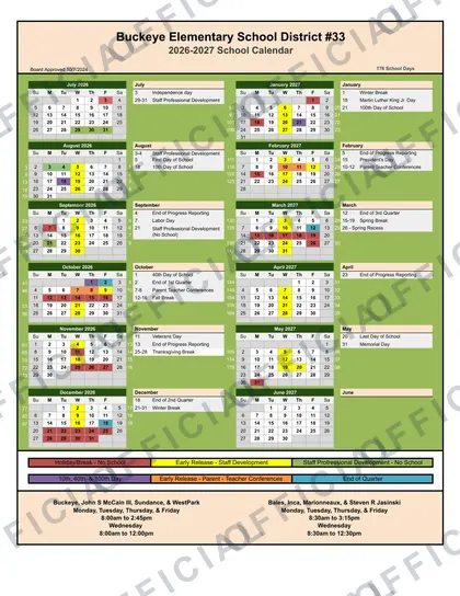 Buckeye Elementary School District #33 2026-27 calendar