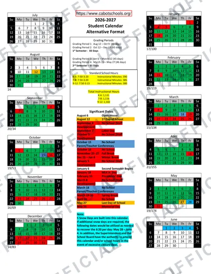 Cabot Public Schools 2026-27 calendar