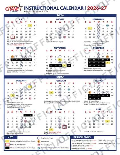Crane Schools 2026-27 calendar