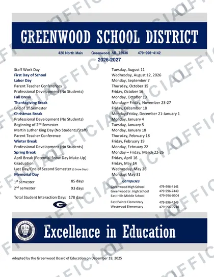 Greenwood School District 2026-27 calendar