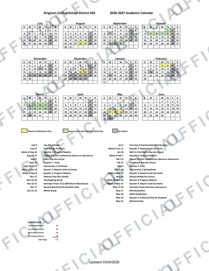Kingman Unified School District #20 2026-27 calendar