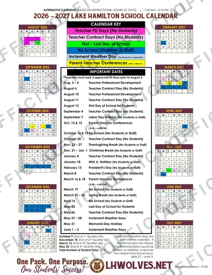 Lake Hamilton School District 2026-27 calendar