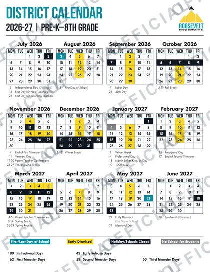 Roosevelt School District No. 66 2026-27 calendar