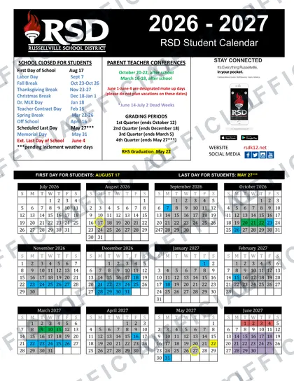 Russellville School District 2026-27 calendar