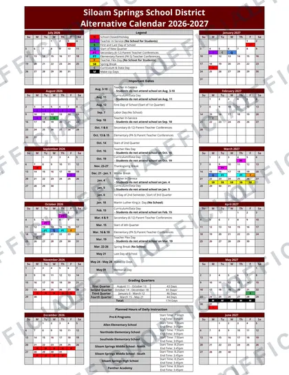 Siloam Springs School District 2026-27 calendar
