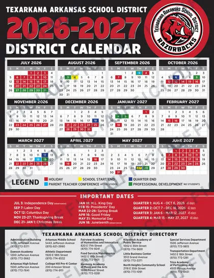 Texarkana Arkansas School District 2026-27 calendar
