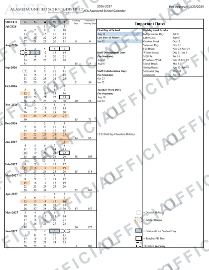 Alameda USD 2026-27 calendar