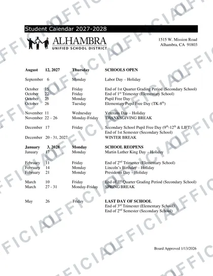 Alhambra Unified School District 2026-27 calendar