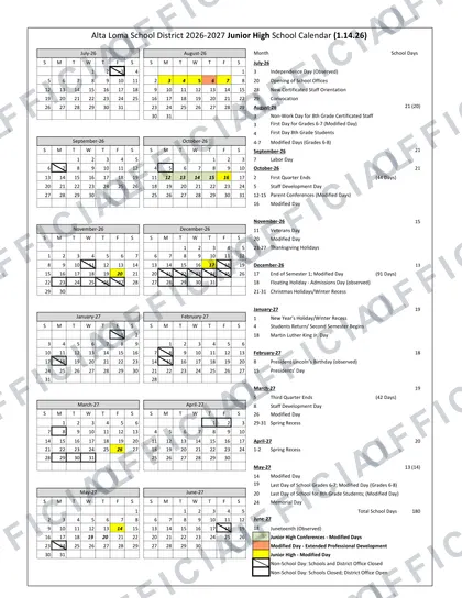 Alta Loma School District Junior High School 2026-27 calendar
