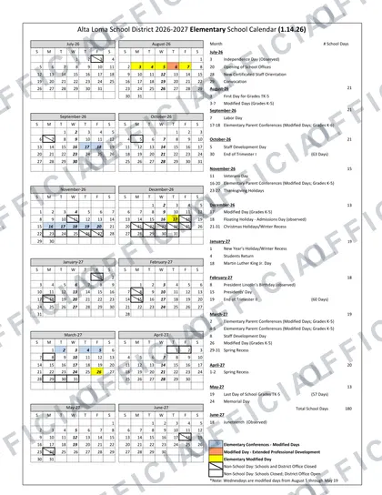 Alta Loma School District 2026-27 calendar