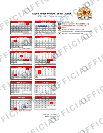 Apple Valley avusd Unified School District 2026-27 calendar