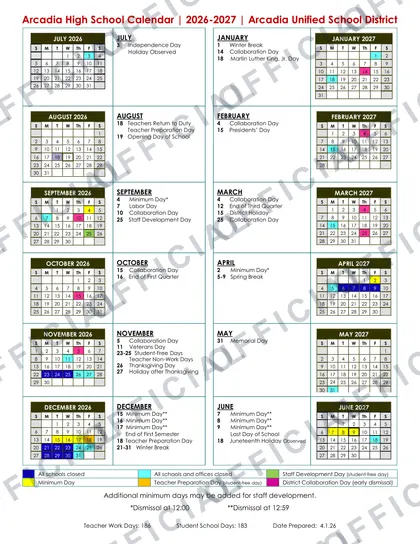 Arcadia Unified School District 2026-27 calendar
